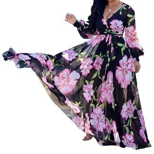 Sold.🌷Black Chiffon Floral Maxi Dress